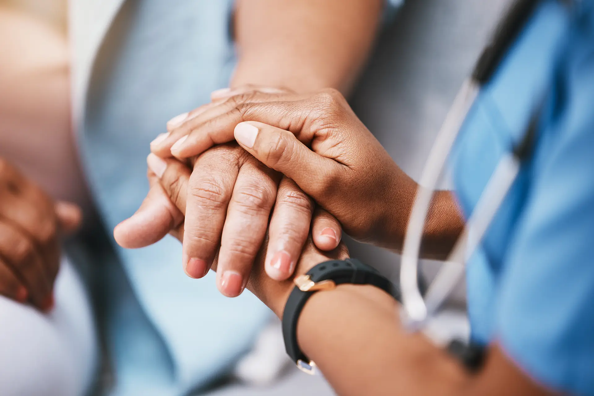 Empathy, trust and nurse holding hands with patient for help, consulting support and healthcare advice