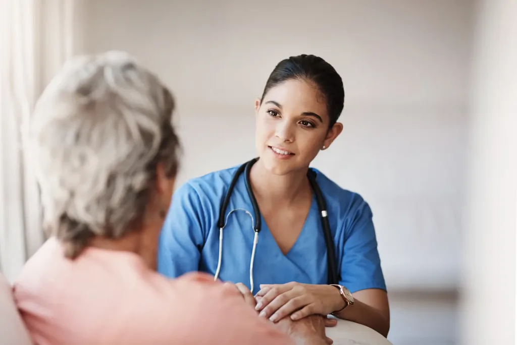 Support, healthcare and nurse with a senior patient explaining a diagnosis after consultation