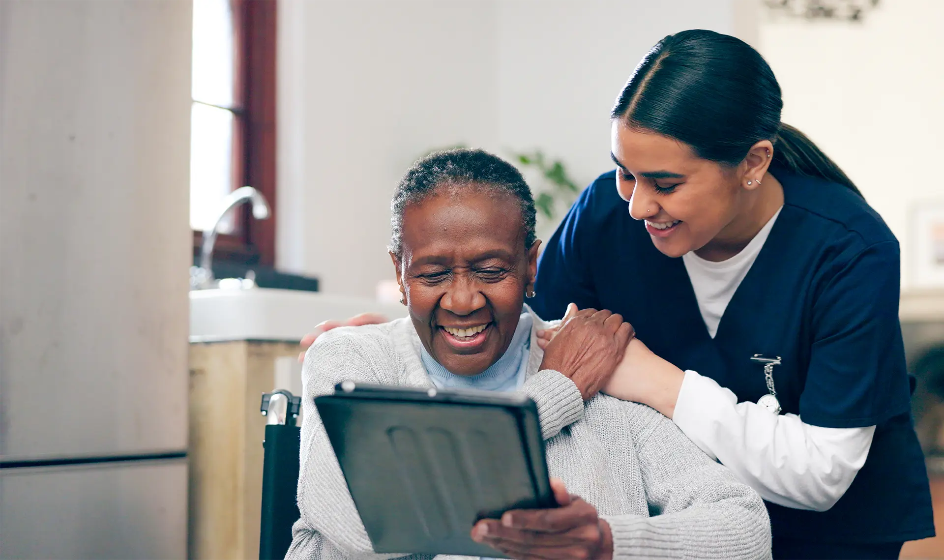 Tablet, discussion and nurse with patient for research on medical diagnosis in nursing home